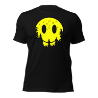 a black t - shirt with a yellow smiley face on it