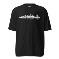 a black t - shirt with a white city skyline